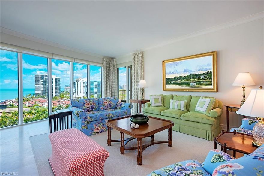 Gulf views are immediately enjoyed upon entering this ideal mid-level Aria residence. On the 11th floor with 3,393 square feet of refined living, this home features a gracious primary suite with two walk-in closets, large bath area with an oversized shower and separate tub, a guest room with large bath and walk-in closet and a den, which is set as a third bedroom. The kitchen has gas cooking, a large island, plenty of storage and is adjacent to the family room with a cozy fireplace. Additional specifications of this home are an open floor plan, travertine flooring, neutral finishes, nearly 10-foot ceilings, 8-foot doors and two lanais. Aria is the grand finale on Park Shore and features a 24-hour front desk attendant, state-of-the-art fitness center, women’s and men’s spa area, social room with catering kitchen, two guest suites, billiards/card room, beachside pool, spa and grill area, plus a wonderful resident property manager. Go to Venetian Village for dining, shopping and entertainment. Waterside Shops are minutes away. Park Shore residents may buy or lease boat slips directly across the street (based on availability).