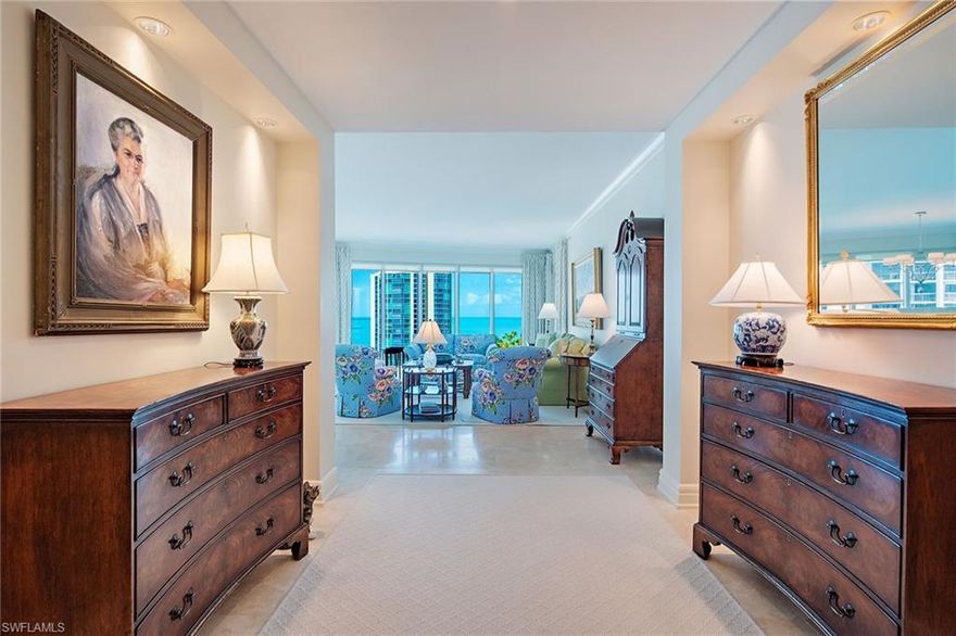 Gulf views are immediately enjoyed upon entering this ideal mid-level Aria residence. On the 11th floor with 3,393 square feet of refined living, this home features a gracious primary suite with two walk-in closets, large bath area with an oversized shower and separate tub, a guest room with large bath and walk-in closet and a den, which is set as a third bedroom. The kitchen has gas cooking, a large island, plenty of storage and is adjacent to the family room with a cozy fireplace. Additional specifications of this home are an open floor plan, travertine flooring, neutral finishes, nearly 10-foot ceilings, 8-foot doors and two lanais. Aria is the grand finale on Park Shore and features a 24-hour front desk attendant, state-of-the-art fitness center, women’s and men’s spa area, social room with catering kitchen, two guest suites, billiards/card room, beachside pool, spa and grill area, plus a wonderful resident property manager. Go to Venetian Village for dining, shopping and entertainment. Waterside Shops are minutes away. Park Shore residents may buy or lease boat slips directly across the street (based on availability).