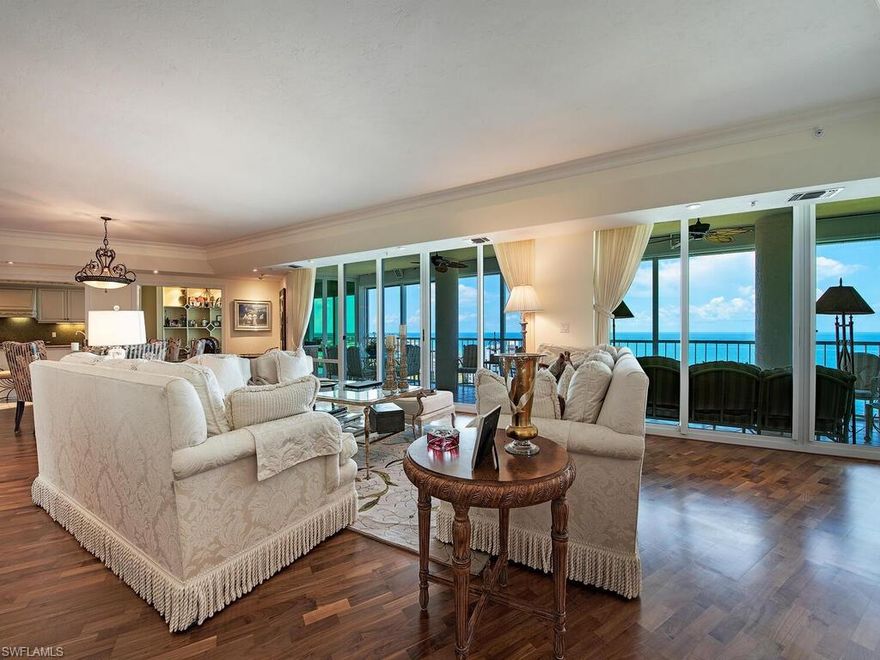 C6425 - Exceptional beachfront condo. Unobstructed & expansive views of the park and Gulf of Mexico from the 48' tiled & screened terrace with electric storm shutters and a built-in grill. Floor to ceiling glass windows invite you to enjoy the outside.  Views pf Venetian Bay to the East. The best of both worlds! "Great room" layout in this rarely available "02" floorplan on the 17th floor. Each of the three bedrooms has a private bath. The Master bedroom has 2 walk-in closets. Note that the 3rd bedroom is currently being used as a home office/den. Welcome to incredible sunrises & sunsets! Tastefully designed with wood flooring, tray ceilings & custom cabinets. There are two garage spaces (#113 & #114) & an air conditioned storage unit (#61- a 4X4 space).(To access go to L 2.) Newly renovated lobby, social room & elevators plus fitness center enhance this low density building. Two guest suites available. The beachfront sparkling pool quietly overlooks the beautiful park and the Gulf of Mexico. Le Ciel at Park Towers is just steps away from Venetian Village, a renowned enclave for shopping and gourmet dining.