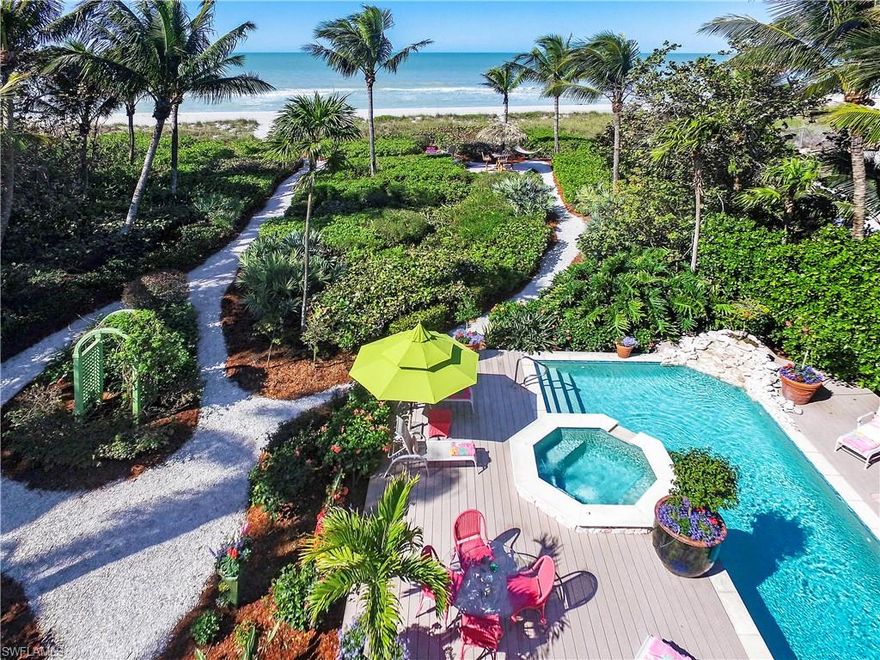 Captiva Gold Coast. Premier location offering multi family w/ main and guest homes. Gorgeous setting surrounded by mature tropical landscaping surrounding the enchanting beauty of the property. Wonderful pool area is located beach side of the main residence offering a magnificent ambiance to the beach. A tropical Oasis situated due west for sunsets and nestled within the best area of beach the islands have to offer. Walking paths take you back in time through swaying coconut palms and incredible beach surroundings. Professionally decorated enhancing the Captiva experience. Superb interior upgrades throughout the main house that flow out to open porches, pool & beach. The fully equipped guest house offers a super comfortable & private setting nearby the gated entry were the driveway begins to meander through this tropical wonderland. For an additional cost this property offers the unique & rare opportunity to purchase a boat dock property w/lift directly across on Roosevelt channel.