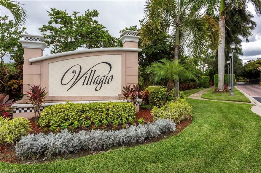 2 BDRM + DEN END UNIT with ATTACHED GARAGE directly next to the swimming pool! This is an incredible opportunity to purchase a very desirable floor-plan, in a very desirable location, in a very desirable community! One of the only condos in the community that has an extra window in the den offering ample natural light not found in other condos in the community. This home is directly next to one of the two guest swimming pools and right next to a guest parking lot. Hurricane Impact Glass windows, stainless steel appliances, crown moldings, tile throughout the entire home, tiled lanai, new A/C and plantation shutters are just some of the features and upgrades that need to be seen to be appreciated. Villagio is a 24 hour gated community in the heart of Estero. LOW HOA fees include water, cable, high-speed internet, building insurance, exterior pest control and access to the great community amenities. Villagio features multiple swimming pools, fitness center, movie theater, ice cream bar serving royal scoop ice cream, and on-site Cafe with full menu.