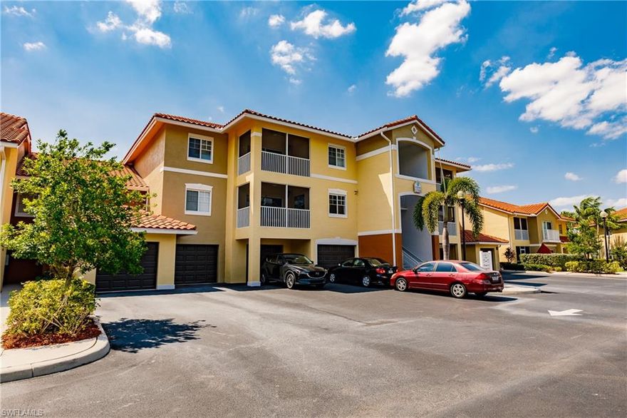 Welcome Home to Bella Casa.  This 3rd Floor Condo is located close to everything; shopping, dining, airport and more!  Clean and Well Cared for, this  2 bedroom, 2 bath unit offers stainless steel appliances, granite countertops, screened balcony, Impact Resistant windows and more.  Bella Casa offers many amenities including a town center, exercise center, tennis courts, community pool, hot tub, outdoor fireplace, butterfly garden and more.