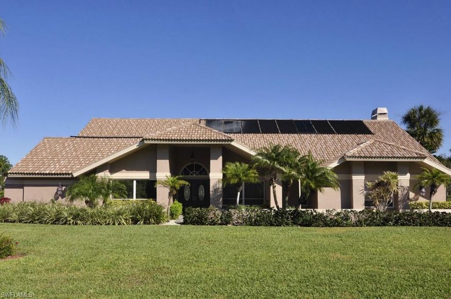 The home is now being sold turnkey furnished, "As-Is" . Freshly painted exterior and fabulous lake and golf course views from this well maintained, updated home. An in-ground pool heated by solar panels and a spa with an electric heater are at the center of the 1472 sq. ft. covered lanai which is perfect for entertaining. Formal living room, large formal dining room and a family room with a fireplace all contribute to the welcome feeling.  The kitchen has been updated with new cabinets and counter tops.  The master bath with soaking tub, walk in shower and updated cabinets is extremely spacious.  New front doors, newer A/C units, extra-large hot water heater and a new roof in 2008 with new solar panels makes this home ready for a new owner to just move in. Shutters on the lanai window and sliders for hurricane protection.  New irrigation pump 4/14.