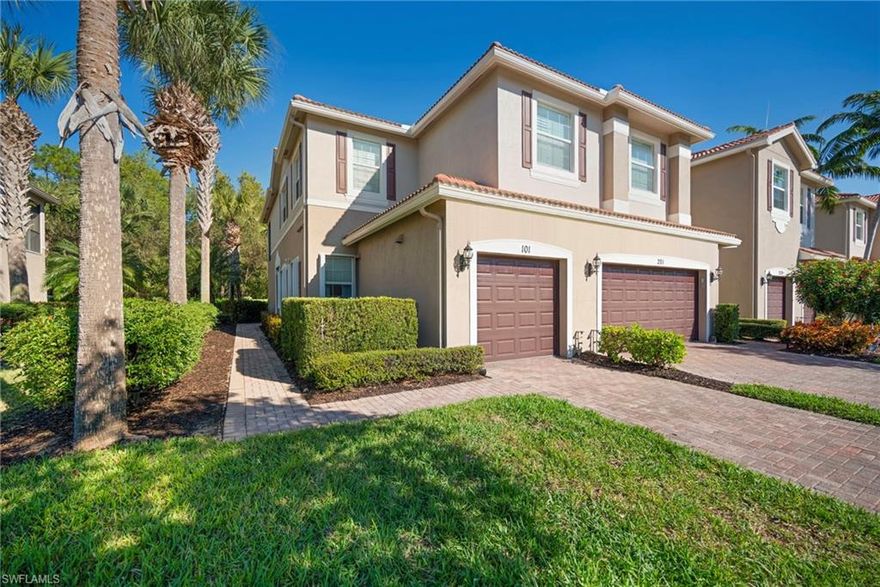 This residence combines the ease of condo living with the comfort and space of a single-family home—without all the upkeep. Ideally situated as a first-floor end-unit Positano model in the gated community of Marbella Lakes, this light and airy home offers three generously sized bedrooms, two full baths, and a one-car garage. The open floor plan is filled with natural light and enhanced by tile flooring throughout. The spacious kitchen and dining area provide exceptional functionality with ample storage, including a full wall of cabinetry. A private and tranquil setting awaits on the screened lanai, creating the ideal space to unwind, enjoy morning coffee, or relax in the evenings. This unit also features . accordion shutters. Marbella Lakes is a pet-friendly, manned gated community offering an impressive array of amenities, including a resort-style pool, indoor and outdoor basketball and pickleball courts, two Har-Tru tennis courts, and a fitness center. A lifestyle director and a full-time on-site property manager contribute to a well-managed community. Conveniently located just minutes from sun-drenched Gulf beaches, and the dining, shopping, and vibrant entrainment of Mercato, this home delivers comfort, convenience, and an exceptional Southwest Florida lifestyle all in one package.