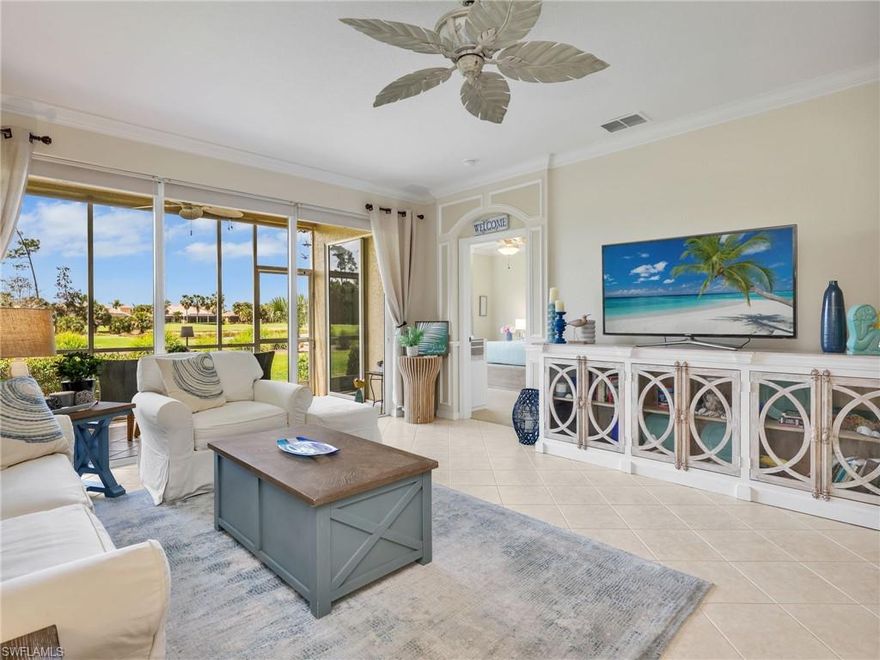 Welcome to 20060 Seagrove Street #1803, located in the Sabal Palm neighborhood of Grandezza, one of Estero’s most beautifully landscaped and highly regarded golf course communities. Perfectly positioned with western views across two fairways and a beautiful pond, this first-floor villa offers the combination buyers consistently look for in Southwest Florida: a comfortable layout, beautiful golf course views, and the flexibility to enjoy the home full-time or as a seasonal retreat.

From the moment you enter, the home feels bright, open, and inviting. The spacious living area features high ceilings and large sliding doors that lead directly to the screened lanai, allowing natural light to fill the space while showcasing the peaceful golf course setting just beyond the backyard.

The kitchen offers ample cabinet and counter space along with a center island and breakfast area, creating a functional and welcoming space for everyday living or entertaining. The adjacent dining area connects seamlessly with the main living space, making the layout both comfortable and practical.

The primary suite provides a relaxing retreat with golf course views and direct access to the lanai. The spacious bathroom includes dual vanities and a walk-in shower. An additional guest bedroom and flexible den space provide comfortable accommodations for visitors or the option for a home office.

One of the highlights of this home is the screened lanai overlooking the beautifully maintained golf course and lush landscaping. It is the perfect setting to enjoy your morning coffee, relax after a round of golf, or spend an evening with friends while taking in the peaceful surroundings.

Whether you are looking for a full-time residence, a seasonal getaway, or a low-maintenance home in a premier community, this property offers outstanding value and flexibility.

Residents of Grandezza enjoy access to a championship golf course, a recently updated clubhouse with dining, a resort-style pool, fitness center, tennis courts, and an active social lifestyle. The location is also incredibly convenient, just minutes from Miromar Outlets, Coconut Point Mall, Southwest Florida International Airport, and the beautiful Gulf beaches of Bonita Springs and Naples.