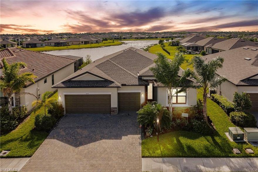 SPECTACULAR WATER VIEWS FROM YOUR PRIVATE POOL & SPA! Modern Smart Home, FULLY FURNISHED + MOVE-IN READY, on Oversized Lake View Lot. 4 bedrooms incl. spacious Owner’s Suite w/huge walk-in closet, 3 full baths + 3 car garage. Large Open Kitchen w/island + bar, granite countertops, breakfast nook plus separate formal dining space. Great Room w/tall glass sliding doors leading to the covered lanai. A perfect floor plan for family living and entertaining! Extended Pool Deck, fully screened-in, with Heated Pool + Spa, and Southern exposure to enjoy the SW Florida sunshine and outdoor lifestyle all year around. Upgrades worth over $120k, incl. new flooring, impact glass insert in front door, crown molding, kitchen backsplash, accent wall, custom shelving + cabinets, epoxy garage floor, and more. New Furniture, could stay for the new owner, incl. a 7 ft pool table. NO FLOOD INSURANCE REQUIRED FOR THIS PROPERTY!
Portico is a highly sought-after, access-controlled community w/Low HOA fees. Amenities include clubhouse, community pool, gym, yoga/exercise room, tennis, pickleball, basketball, play area. Pets, Fences & LSVs permitted! Great location, short drive to I-75, shopping, dining & more!