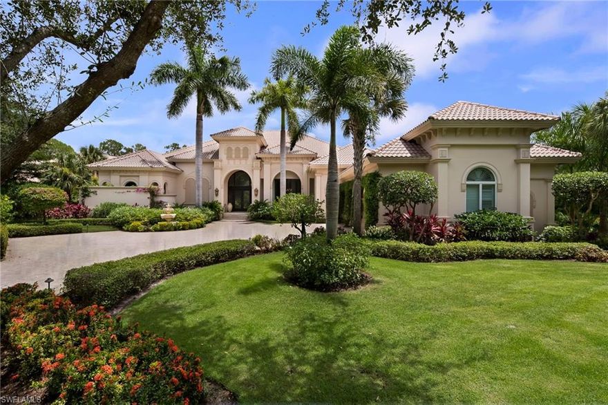 FULL GOLF MEMBERSHIP AVAILABLE INSTANTLY WITH THIS RESALE!!! Extraordinary 4 bedroom + den, 4 full and 1 half bathroom estate. Soaring ceilings with floor to ceiling windows and meticulous custom appointments create the elegant luxurious ambiance you would expect to find in a home of this magnitude. Volume ceilings with crown moldings with coffered and tray detail, extensive windows, french doors, plantation shutters. Carpet, wood and custom stone floors found throughout. The full service wet bar with adjacent double wine cooler. Gourmet chef's kitchen with custom wood cabinets and extensive granite finishes. Enjoy tropical outdoor entertaining from the screened lanai boasting summer kitchen amenities including a built in gas grill, a casual dining area and a gas fireplace gathering space. Custom pool and spillover spa on the sunlit paver deck surrounded by lush landscaping offering privacy with the perfect tropical backdrop. Home generator and hurricane protection screens. This grand estate offers all the amenities you desire for living the exclusive golf course lifestyle with sparkling lake views and dual fairway golf course views beyond!