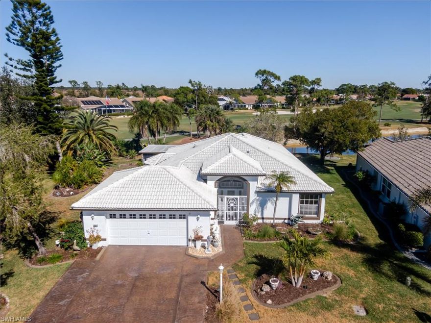 This Villa Real model home is just perfect as your full-time residence or winter retreat. Upon entering you will be impressed with the stunning leaded glass door, spacious living room, vaulted ceiling and a skylight that lets all the gorgeous Florida sunshine in. The kitchen features granite countertops, white cabinetry and a beautiful bay window flooding the kitchen with natural light. Custom cabinets in the dining area and custom dining table give one of the largest eat in kitchens in the Glen. This beautiful home has three bedrooms and two baths, with a generously sized and private guest suite. Updated light fixtures, custom California closets and computer cabinets built in the guest bedroom give you storage and more storage. Perfect for entertaining or enjoying time alone, this home has an enclosed Florida room or attached screened lanai giving all different options for your ideal Florida living lifestyle to enjoy endless lake and golf course views.  Herons Glen is the area's most amenity rich community with Championship golf, tennis, pickleball, bocce, shuffleboard, resort style pool/spa, clubhouse with community and activity rooms, billiards, pro-shop and a full-service restaurant and bar! Come live your dream today!