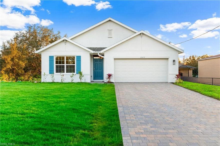 The appealing one-story home includes many contemporary features and an open-concept design with 8’8" ceilings that enhance the wonderful feel of this home. The well-appointed kitchen includes a large island, perfect for bar-style eating or entertaining, a walk-in pantry, and plenty of cabinets and counter space. The dining room and living room both overlook the covered lanai, which is a great area for relaxing and dining al fresco. The large primary bedroom, located at the back of the home for privacy, can comfortably fit a king-size bed, and includes an En Suite bathroom with double vanity, big walk-in closet, and separate linen closet. This open concept Home comes with designer cabinets, Rev wood flooring, Quartz counters throughout, all Stainless Steel kitchen appliances, Storm Shutters, and the latest Smart Home technology with a smart thermostat, smart door lock, video doorbell, smart garage controller, hands free commands and more. We also provide your homesite fully sodded and landscaped. These homes move quick so don’t miss out!