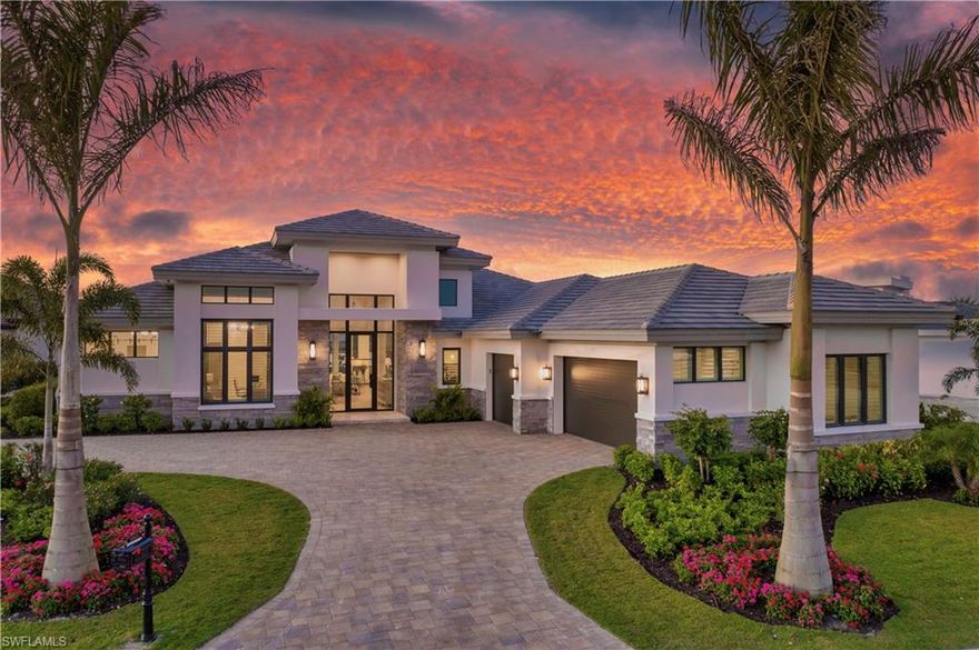 Completed in December 2023, this home provided spectacular outdoor living and modern finishes to redefine waterfront luxury in San Lorenzo at Miromar Lakes. A modern floorplan with fully-pocketing sliding doors allows you to open the entire home to its outdoor Florida lifestyle oasis. Take a sunset cruise from your back yard dock and return to the ambiance of the fireplace in the outdoor living room or gather around the bar before a poolside dinner in the gracious outdoor dining room. The custom pool features a sun-shelf, spa and generous deck to relax in the sun. Inside, masterful architectural details complement the 3 en suite bedrooms, 4th bedroom serves as club room with queen Murphy bed and closet space, and large office with sitting room. The great room flows to the chef's kitchen with natural gas, two walk-in pantries, kitchen office, Wolf/Subzero appliances, and wet-bar adjacent to a light-filled dining area. Gathering space is enhanced by the club room with sliding doors to the lanai. The primary suite provides a beautiful owner's respite with spa bath & dual custom-finished walk-in closets. Two additional en-suite bedrooms each accommodating a king bed, smart home features and 3-car air-conditioned garage. Immediate enjoyment this season of Miromar Lakes resort-style amenities, boating, and lifestyle! Minutes to shopping, dining and Southwest Florida International Airport. Furniture package for additional $200K.