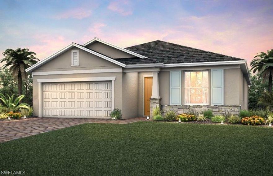 Move into Babcock Ranch! This Arbordale home features stainless gas appliances, quartz counters, 42” white kitchen cabinets, tray ceiling in owner’s suite, pocket sliding glass door to lanai,
finished utility room & more! Pictures are for illustration purposes. options may vary.