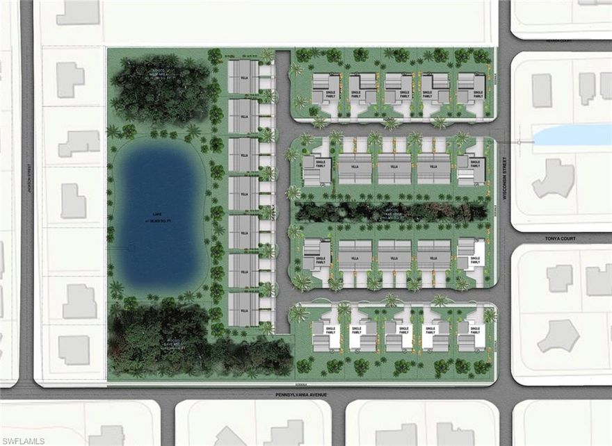 Rare 8-acre infill development opportunity in one of Bonita Springs’ most desirable and rapidly transitioning neighborhoods. This vacant Residential Planned Development (RPD) is fully entitled for 40 residential units and represents the last undeveloped parcel in an established area surrounded by single-family homes, canal properties, and Imperial River estates with direct Gulf access. The property measures approximately 8 acres (348,480 sq ft) with 634 feet of frontage along Pennsylvania Avenue and 551 feet along Wisconsin Street. The City of Bonita Springs unanimously approved the rezoning on April 2, 2025 (Zoning Ordinance No. 25-05), converting the former AG-2 land to RPD zoning.  The development plan was intentionally designed with reduced density. Although up to 45 homesites would have been permitted under the Land Development Code, the developer elected to cap the community at 40 units to enhance neighborhood character, curb appeal, and overall quality of life. The approved layout includes a mix of single-family homes and two-family attached residences, thoughtfully arranged around a central lake that serves as both a stormwater feature and an attractive community amenity.
All major approvals are in place. The Environmental Resource Permit (ERP) is completed, the Army Corps of Engineers has confirmed that no permit is required, and the Development Order (DO) application has been submitted with approval anticipated. Homeowners association documents for the future community—Imperial Enclave of Bonita Springs—are fully drafted and ready for state filing.
The planned architectural concept allows for homes up to three stories, incorporating a sacrificial first level for superior flood protection with two levels of living space above. This design preserves the natural grade, reduces the need for fill, and is expected to result in favorable long-term flood insurance premiums.
The location is exceptional, just 11 minutes from the Bonita Beach and close to the historic Old Bonita district, boutique shops, the iconic Sugarshack, and the renowned Shangri-La Springs. The surrounding neighborhood features a blend of long-established homes and new upscale construction, reflecting strong demand and continued area growth.
This is one of Southwest Florida’s strongest shovel-ready infill development offerings—ideal for builders or investors seeking a fully entitled project with prime location, completed approvals, and significant market demand.