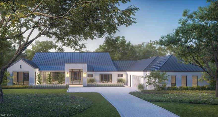 Pre-construction opportunity to buy the most unique design in the neighborhood. From the award-winning developer of 581 Myrtle Rd, Rich Donnelly/ROI Naples, the 2nd “Farmhouse Chic” home in Pine Ridge offers compound-style living & Hamptons-inspired architecture. Amenities include tennis/pickleball/basketball court & observation gazebo, detached guest house, pool+ 1/2 bath cabana, sunken fire pit, & multiple water features. This design artfully incorporates mature oak, lychee, black olive, & tamarind trees, & full perimeter of 16-ft Areca. With whitewashed brick gables, standing seam metal roof, polished concrete style entry, & 15’ iron/glass pivot front door, this bespoke design aesthetic is not often seen in SWFL. Great room features 32’Wx10’H pocket sliding door opening, 23’ vaulted ceilings & teak beams, chevron wood floors & contemporary 360° fireplace separating living & dining areas. Full Wolf/Subzero appliance package, 10’ island, walk-in pantry & bar/wine room. Main home features 4 en-suite bedrooms, den/office, 1/2BA, & 3-car garage. Detached guest house w/1Bed, 1BA & 1-car garage. Home warranty included. Furniture package sold separately. Some details still customizable.