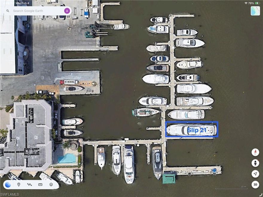As one of the largest slips in Naples, Slip 21 at Naples Boat Club offers 101' in length and 26' in width.  The adjacent 96' by 6' floating concrete pier provides flexibility in loading and mooring.  Located in Old Naples, west of Naples Bay, Naples Boat Club is the premier destination for yachting in Naples and features ample convenient parking, bay-side clubhouse with pool and chickee hut, on-site fuel & pump-out, fish cleaning station, full-time dockmaster staff and professional management. NBC is also home to the highly regarded Syren Oyster & Cocktail Bar!
