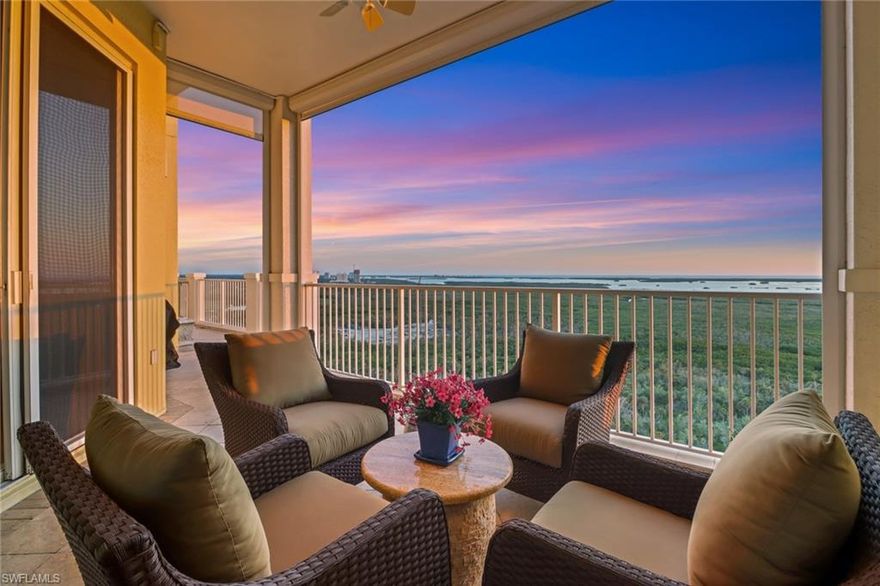 IMMEDIATE GOLF membership available! The most upgraded penthouse in Southwest Florida under $3 million! Featuring three bedrooms plus optional den (see supplements for rendering), four baths and a private two-car garage with an electric vehicle charger, this residence redefines elegance. As you go inside from your private elevator entrance, you find Carrara marble floors, quartzite countertops, high-end appliances, custom shades, lit cabinetry and oversized walk-in closets with an island. Enjoy epic sunrise and sunset views from two balconies overlooking Estero Bay and eastward, with the best views in Southwest Florida. West Bay Club offers world-class amenities such as an 18-hole golf course, resort-style pool, new fitness center, tennis, pickleball, dog park, boat launch and a private beach club with oceanfront dining, lounge chairs, umbrellas and drink service. The newly renovated clubhouse and Niblick restaurant complete the experience. Conveniently across from Coconut Point Mall and close to U.S. 41, this penthouse is ideal for golfers, boaters, beach lovers and more.