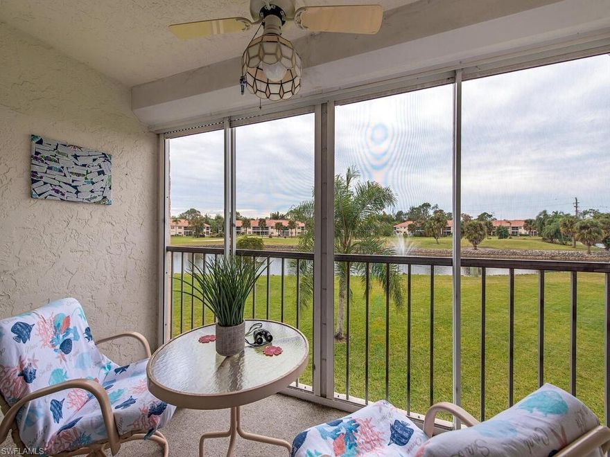 C.854 - Enjoy a wonderful panoramic view of the lake and golf course! One of the bedrooms has been designed to also serve as a flex space allowing multiple uses and adding a spacious open floor plan feel to this sunny second floor residence. This unit features southern exposure, impact windows, newer AC (2018) and water heater (2017), additional cabinetry in the kitchen and new carpeting and is located convenient to the elevator, additional storage and laundry facilities. The Turtle Lake community features numerous amenities including a clubhouse, large heated pool, sauna, billiards, tennis, pickleball, bocce ball and low association fees.  Golf & social memberships for the Quail Run golf course are available.  Ideally located off Pine Ridge Rd. and Airport Rd. walking distance to Publix, Target, numerous shops and dining options.  Just a short drive to the beach, Mercato and Waterside shops.