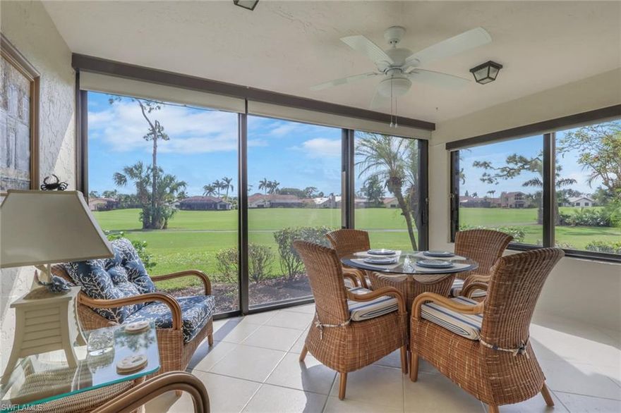 Step into this bright and inviting first-floor Fox Hollow verandah, perfectly positioned to capture warm southern sun and peaceful golf course views. From your lanai, enjoy sweeping vistas of Silver #9—an beautiful backdrop of fairways, sky, and serene Florida living. A charming paver courtyard welcomes you home, after parking in your private one-car detached garage. Inside, the eat-in kitchen offers a comfortable gathering space with diagonal tile flooring, granite countertops, tumbled-stone backsplash, and thoughtfully added extra cabinetry beneath the pass-through to the dining room. Quality GE stainless appliances complete the space, making meal prep and entertaining a breeze. The tile-floored lanai, accented with a tropical-style fan and electric storm shutters, becomes a natural extension of the home—ideal for morning coffee, relaxing afternoons, or evenings watching the sun fade over the greens. Both bathrooms are finished with granite countertops and oak cabinetry. The primary suite features a walk-in shower, while the guest bath offers a jetted soaking tub and shower combination. The guest bedroom enjoys its own slider to the courtyard, adding extra light and privacy. A separate laundry room with a GE washer and dryer plus ample storage adds everyday convenience. Best of all, the Fox Hollow community pool sits directly across the street, making it effortless to enjoy a swim or soak up the sun. This verandah blends comfort, views, and a coveted location into a home ready to welcome you. Golf enthusiasts will love the championship 27-hole Arthur Hills-designed course, offering lush fairways and pristine greens. The clubhouse is the social heart of the community, featuring a state-of-the-art fitness facility, a full-service restaurant, and a lively bar & grill—perfect for unwinding after a day on the course. Endless Activities with 3 Har-Tru tennis courts & 3 bocce courts for friendly competition, community pool for sun-soaked relaxation, Vibrant social calendar filled with exciting events & gatherings. New 5,000 sq. ft. second-floor Wellness Center, Revamped Grill Room & expansive outdoor dining with fire pits & casual seating, New stand-alone "Halfway House" bar & grill—the perfect stop between rounds. Situated just 5 miles from Downtown Naples’ famous 5th Avenue, you are minutes from world-class shopping, dining, and white-sand beaches. Plus, with easy access to I-75 and RSW Airport just 30 minutes away. Come experience the luxury, leisure, and lifestyle that make Foxfire truly exceptional! At Foxfire Golf & Country Club, every day feels like a resort getaway.