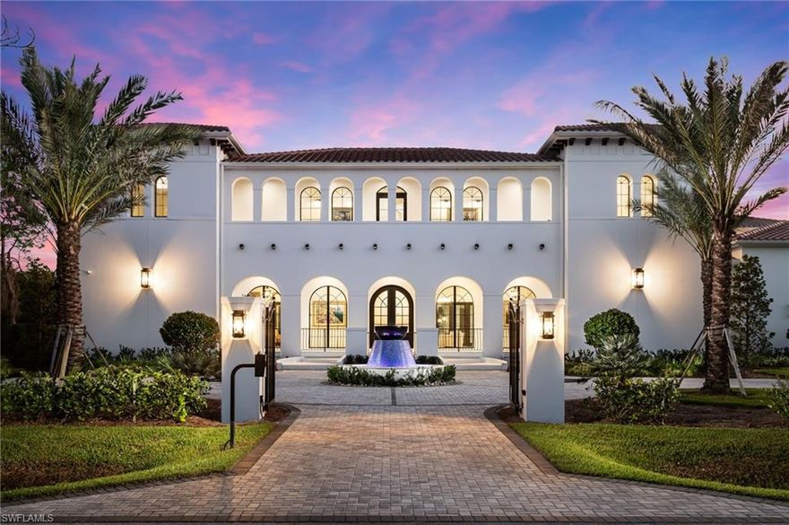 One is seldom afforded the opportunity of possessing such an exquisite private sanctuary, where Mediterranean artistry and modern opulence intertwine. Concealed behind stately gates and set amidst 1.35 acres of immaculately curated landscape within Naples’ most exclusive enclave, this distinguished estate stands as a testament to enduring elegance, grandeur and architectural distinction. The journey begins as bespoke Mahogany arched doors open to a sunlit courtyard retreat where a resort-caliber pool glistens in the southern light. Soothing fountains, twin sun terraces, and an ethereal floating spa invite serene mornings and exuberant gatherings alike, all punctuated by the drama of a double-sided gas fireplace at its heart. The fully appointed outdoor culinary suite features a 36” Alfresco grill and professional flat-top making every meal an event, elevating entertaining to an art form. Step inside to discover over 6,700 square feet of finely appointed interiors (over 11,400 total), designed for effortless enjoyment and refined entertaining. Five lavish bedroom suites promise restful privacy, while a dedicated office and separate guest quarters with a game lounge ensure comfort for both work and play. Car collectors will envy the 6-car garage which was engineered to accommodate ten vehicles with pre-wiring for dual charging stations and lifts. Every detail speaks of uncompromising quality: three signature fireplaces, an enviable wet bar and wine cellar, full Thermador chef’s suite, intelligent Elan system, whole-home reverse osmosis, PGT impact-rated windows, and comprehensive prewired tech for total security and simplicity. Thoughtful utility touches—a 1,000-gallon propane tank, two gas tankless water heaters, five state-of-the-art HVAC systems—are seamlessly integrated for understated efficiency. This is more than a home; it is a resort-inspired haven, where every moment unfolds in luxury, privacy, and enduring style—designed for those who demand the extraordinary from Naples’ premier lifestyle.