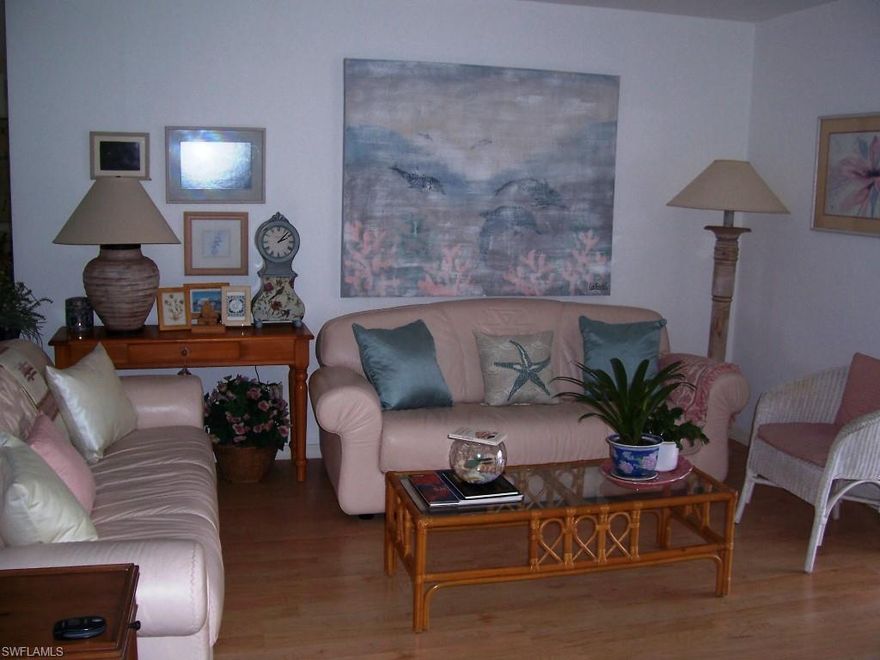 Great views from this remodeled condo.  Located on the main canal on the highly desirable south end of Ft Myers Beach.  This 2 bedroom 2 bath condo, all on 1 floor, comes furnished with many upgrades.  Kitchen has been upgraded with newer cabinets, corian counter tops, stove & microwave.  Plantation shutters on all interior windows & sliding plantation shutters on the patio sliding doors.  New washer and dryer.  This condo has been well maintained by the original owner.  Relax on one of 2 lanais watching the boats go by and the manatees & dolphins play.  This community has 2 swimming pools, shuffleboard, clubhouse & beach access to the Gulf of Mexico.  Shopping plaza nearby with restaurants, retail shopping, night life and marina.