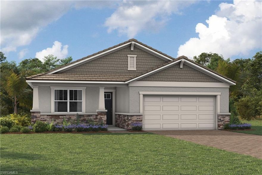 This Terra Rosa model home with a Craftsman elevation is located in the inviting Summerlit community, offering a spacious, thoughtfully designed layout that blends everyday comfort with polished design. Plank tile flooring flows throughout the main living areas, creating a cohesive feel that complements the open great room and generously sized executive kitchen featuring an oversized island, soft-close cabinetry with crown molding, quartz countertops with a refined polished edge, and a clean, stacked tile backsplash. ENERGY STAR stainless steel appliances are included, along with a washer and dryer, making this home truly move-in ready. A versatile flex room provides additional space for a home office, hobby area, or quiet retreat, while the owner’s suite offers a serene escape with dual sinks, raised-height vanity cabinetry, and a beautifully finished zero-entry shower with floor-to-ceiling tile. Impact windows, eight-foot interior doors, modern lighting, and a covered lanai with pavers enhance both style and durability. Summerlit residents enjoy a relaxed coastal lifestyle with access to a community amenity center, resort-style pool, pickleball courts, fire pit lounge, and a friendly paw park, all surrounded by scenic natural preserves and ideally situated near Rookery Bay, Marco Island beaches, shopping, dining, and everyday conveniences.
***Photos, renderings and plans are for illustrative purposes only and should never be relied upon and may vary from the actual home. Pricing, dimensions and features can change at any time without notice or obligation. The photos may be from a furnished model home and not the home offered for sale.