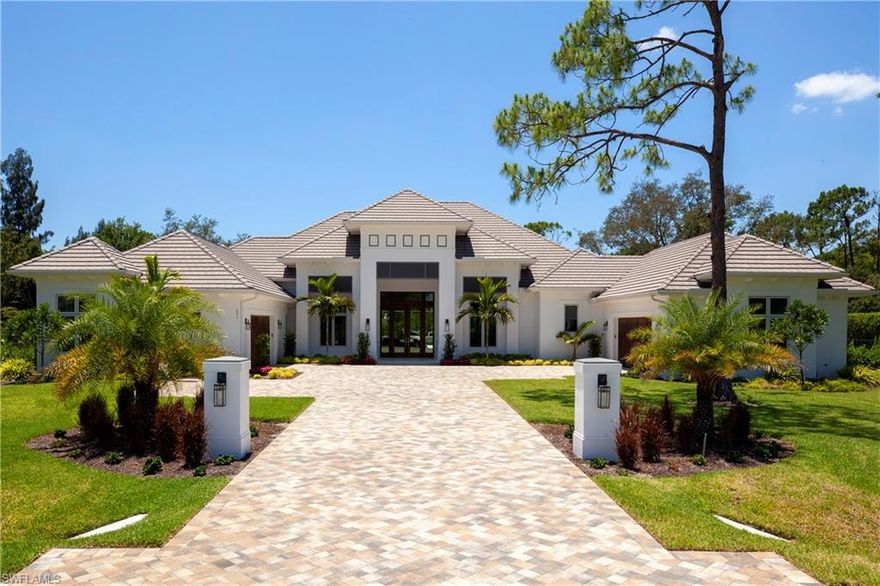 The Pinnacle of Luxury and Tranquility in Pine Ridge Estates! This meticulously designed Coastal Contemporary custom estate home boasts 5,490 square feet of under-air living space, 4-ensuite bedrooms with 5 full and 1 1/2 bath, plus a home office, and a huge bonus room. A wine feature and butler's pantry only add to the appeal. The finest appliances and surfaces adorn this home, with a soft, neutral palette, and elegant touches throughout. A Control 4 full-home automation system controls all lighting, sound, security, and cameras throughout. The relaxing outdoor living area overlooks the extraordinary pool with sun-shelf and a spa that includes fire-bowls, and features fireplace, and outdoor kitchen with wet-bar, providing for the perfect outdoor living and entertaining experience. Pine Ridge Estates ideal location is in the heart of North Naples, which is close to shopping, restaurants, and nightlife, while providing the feeling of country living, with 1 acre-plus lot sizes and abundant trees! This is an amazing new construction opportunity.