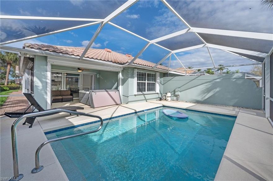 THIS PARTIALLY FURNISHED DiVosta BUILT CAPRI MODEL WITH POOL & SPA. LARGE POND AND FOUNTAIN VIEWS LIKE NO OTHER. Enjoy the beautiful tranquil views from your pool and spa. Amazing one of a kind water view. Private no-see-um screen. So much to offer. This is one of original built DiVosta model homes built with poured concrete. At least 35K in extras. UP DATED  MASTER BATH. NEW SHOWER AND QUARTZ COUNTER TOPS.   NEW APPLIANCES  & BRAND NEW REFRIGERATOR 2026, POTS AND PANS, GLASSWARE, DiSHES, TOWELS ETC. in this charming split 2-Bedroom Capri Villa. NEW FURNITURE IN 2023. One bedroom on each side for total privacy with walk in closet. Enjoy your very own Private Pool & Spa. Verona Walk is just a short walk to local restaurants and close to the gate. Vaulted ceilings in this beautifully updated 2-bedroom, open den, 2-bath Capri Villa offers a tranquil retreat with your own private pool and spa. Recent updates include: NEW MICROWAVE HOOD (2023) NEW QUARTS COUNTERTOPS (2023) NEW NO-SEE-UM SREEN FOR LANAI NEW POOL HEATER (2023) FRESHLY PAINTED INTERIOR (2023) FRESHLY PAINTED EXTERIOR (2024) NEW DISHWASHER (2024) NEW WASHER & DRYER (2024) NEW HOT WATER HEATER (2024) Located in one of Naples' premier gated communities, Verona Walk offers resort-style living at its finest. The Town Center features exceptional amenities, including: Lap Pool Pickleball & Tennis Courts Basketball Court Bocce Ball Fitness Center Restaurant & Beauty Salon Miles of Bike Paths & Sidewalks Enjoy the convenience of refueling your car without ever leaving the community! This home is ideally located close to the white sand beaches of Marco Island, and just a short drive to shopping, pharmacies, home improvement centers, the Naples Botanical Garden, the Naples Zoo, and downtown Naples, where you'll find a variety of fine dining options. A REAL ONE OF A KIND CAPRI MODEL LIKE NO OTHER!!!  SO MUCH FOR THE MONEY!!!  SELLER FINANCING AVAILABLE,NO PRE PAYMENT PENALTY,FLOOD INSURANCE NOT REQUIRRED 40% DOWN.