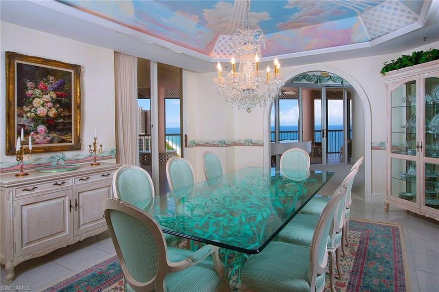 Panoramic views of the Gulf are immediately found upon entry into this stunning Le Parc penthouse through floor-to-ceiling glass. Three generous terraces are ideal for relaxing as they showcase the dramatic vistas of the Gulf, sparkling bay views and the crystalline Naples coast. Experience the ultimate in luxury in the highly sought-after Le Parc where family and friends will feel pampered in the en-suite guest rooms, each featuring their own outstanding details. Additional resort-style amenities include a breathtaking beachfront pool and spa, a modern fitness facility, sauna facilities inside and out, locker rooms, a Har-Tru tennis court, three under building covered parking spaces and a large reception room with a catering kitchen. All Park Shore condominium residents also have access to the charming lighted beach walk and ability to lease or purchase boat accommodations at the Venetian Bay Yacht Club.