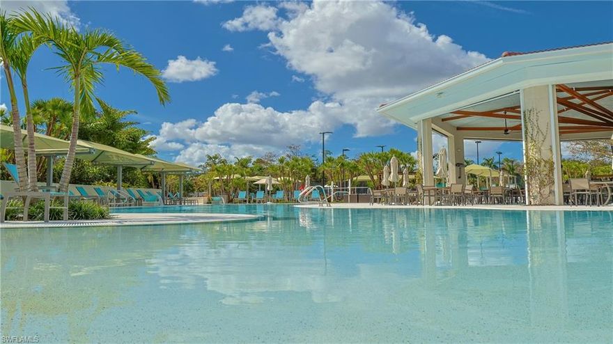 IMMEDIATE GOLF MEMBERSHIP INCLUDED!  This 3 bedroom/3 bath pool home is perfectly appointed and located on a private lot, with great views of #1 fairway and green from the expansive lanai.  This St. Lawrence floor plan is brilliant!  The open island kitchen features white cabinets with crown moulding, pull-out shelving, granite counters, wall oven/microwave, cooktop, pantry, under cabinet lighting and built-in desk.  The huge great room boasts a custom feature wall, crown moulding, tray ceilings and a great view of the private pool with integrated spa.  High ceilings, plantation shutters and tile throughout with wood flooring in the bedrooms.  The primary bedroom features TWO primary bathrooms (one doubling as a pool bath), each with its own walk-in closet with custom built-ins.  All 3 baths have been recently updated with new tile showers, quartz counters, new shower glass and mirrors with built-in lighting, and both primary baths feature new vanities. Murphy bed and built-ins in one of the two spacious guest bedrooms provide the perfect guest bedroom/office combination.  Three ceiling mounted storage racks in the garage provide ample storage and there's even an artificial turf area on the lanai for your four-legged family members!  This premium bundled golf course community also offers an excellent tennis program with pickleball coming soon, bocce, newly renovated clubhouse with casual and fine dining, resort style pool and spa with Arnie's poolside cabana/bar and state-of-the-art fitness facility.  Turnkey furnished and ready for you to enjoy your piece of paradise. Located just minutes to beautiful beaches and the iconic Old Naples with unlimited shops and dining.