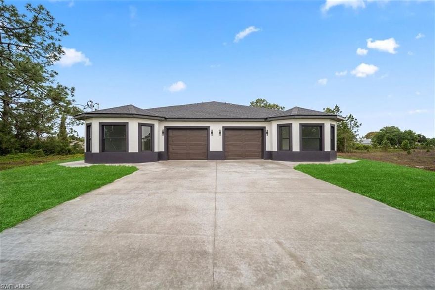 $10,000 for Buyers closing cost, New construction duplex in Lehigh Acres featuring 3 bedrooms and 2 bathrooms on each side, with modern finishes throughout unit. Also has automated sprinkler system per side, along with screened lanai
Located just minutes from State Road 82 and Lee Boulevard, this property offers quick access to Daniels Parkway, Fort Myers, I 75, RSW Airport, shopping, dining, and major commuter routes. This is a prime location for those who want convenience while still enjoying a residential environment.
No HOA.