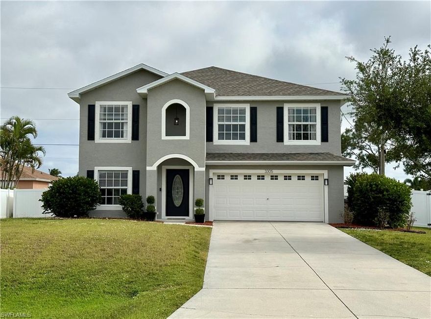 A lovely 2-story, SW Cape home, updated/upgraded with 4Bed+Den/2.5Bath & almost 2600SF! 
It has a stainless LG appliance, white cabinet kitchen w/butcher-block coffee station & pantry. Also on the first floor is a family/great room w/dinette area, formal dining room, glass-door den, guest bathroom, coat closet & an extra pantry "appliance garage". Upstairs is a 15'x20' primary bedroom w/chandelier-fan, large walk-in closets, bath suite w/quartz dual-sink vanity, dual medicine cabinets, soaking tub, separate shower, ample linen closet and Bluetooth, ceiling music speaker. A long hall leads to three more spacious bedrooms, upstairs laundry room & another modern full-bath.  Please note some of what's new in 2022-23: Roof, fence, new lux-laminate flooring thru out, interior/exterior paint, 8 ceiling fans, modern light fixtures+recessed lighting, quartz (waterfall) kitchen countertop, quartz bath vanities, black faucets/door handles/hinges, Samsung top-load washer/dryer, 2" white blinds, curtains, Ring video doorbell, keypad entry, whole-house water softener system. Backyard space prefect for pool completes this forever home + side yard space for RV! Not in flood zone, assessments paid