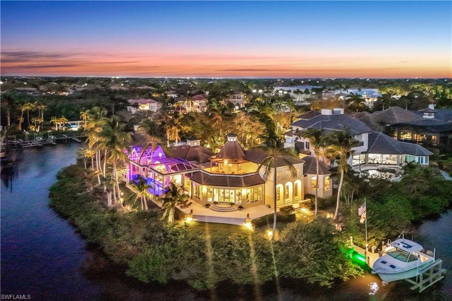 If you have enjoyed  a boat ride from the Bonita Bay marina to the SWFL waterways, you have surely already fallen in love with this renowned home! Breathtaking with panoramic gulf views, this home is one of true distinction. Known as "Villa Windhaven"  -  this home offers many large spaces for family and friends to gather.  There are also numerous intimate and private spaces where guests can relax and rejuvenate. This home is an exceptional masterpiece, set at the pinnacle of Marina Pointe at Bonita Bay, offering over 300 feet of pristine waterfront along the Imperial River leading directly to Estero Bay and the Gulf of Mexico. Positioned at the most western point of Marina Pointe Drive on a peaceful cul-de-sac, this home offers the ultimate in luxury waterfront living. The distinctive design is complemented by panoramic water views from nearly every room, creating a serene and captivating atmosphere. The second-floor guest suites, adjoined by more than 200 feet of luxurious living space, provide breathtaking views of the waterways. For added privacy, the guest cabana offers exclusive quarters, perfect for visitors or extended family. The property also boasts a private boat dock and lift, providing direct Gulf access, making Villa Windhaven the ultimate sanctuary for those seeking both elegance and effortless access to the natural beauty of Southwest Florida. The property also boasts beautifully renovated indoor and outdoor kitchens, ideal for dining and entertaining guests in style. In addition, the private boat dock, rebuilt in 2023 with a new boat lift and new lift motors, provides direct Gulf access, offering boaters convenience and waterfront enjoyment. This home truly captures the essence of refined living with added features like a wood-burning fireplace for cozy evenings and a private pool and spa (heated, with a pool bath). The new roof (2021) ensures peace of mind for years to come. Bonita Bay offers an array of exceptional amenities, including a private beach club, kayaking, canoeing, pickleball, tennis, and multiple community parks. Explore over 12 miles of walking and biking paths, or take advantage of the full-service marina and restaurant. Golf enthusiasts will appreciate the FIVE on-site courses, complemented by several dining options, a state-of-the-art fitness center, and more—all available with club membership (additional fees apply). Located just a short drive from world-class dining, shopping, beaches, and nature preserves, you’ll also enjoy easy access to the burgeoning downtown Bonita Springs and downtown Naples. RSW International Airport is conveniently nearby! This is a once in a lifetime opportunity to own one of Bonita Bay’s most iconic and exceptional properties.