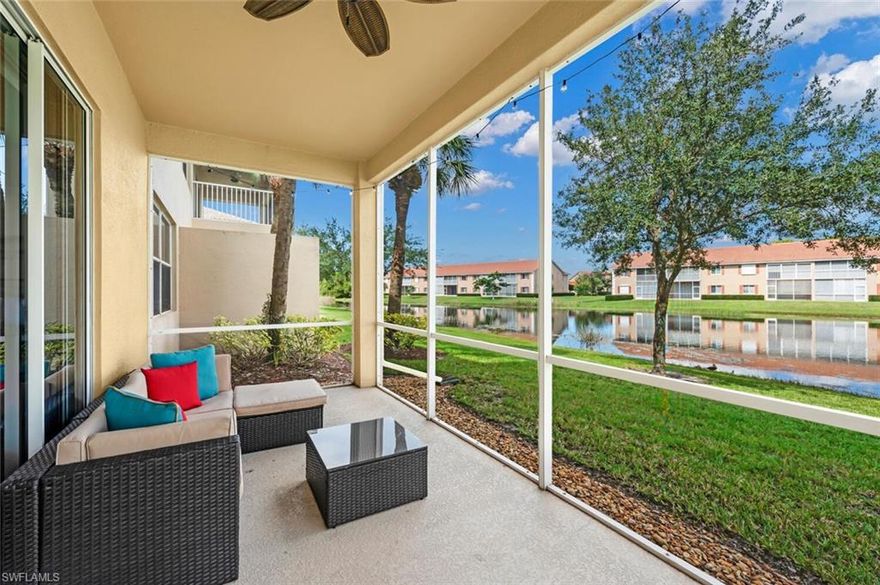 C7797 - Great opportunity to own this first floor end unit gem in amenity rich gated community, Glen Eagle Golf and Country Club.  This spacious 3 bedroom, 2 bath coach home with 1 car attached garage is being offered beautifully turnkey furnished and decorated.  New stainless appliances and garbage disposal.  A generous screened lanai overlooking the sparkling lake serves as your own oasis in this lovely active community.  Social club membership is included, allowing owners to enjoy fabulous amenities and play golf May through October.  Glen Eagle amenities include a full service golf shop, restaurants, bar, fitness center, community pools, tennis and bocce courts, billiards, golf simulator, putting green, and practice area. Glen Eagle Golf and Country Club is located within 5 miles of downtown Naples, just minutes from world class shops, restaurants, art galleries, theaters and Naples' world famous white sand beaches. Super convenient yet private location.