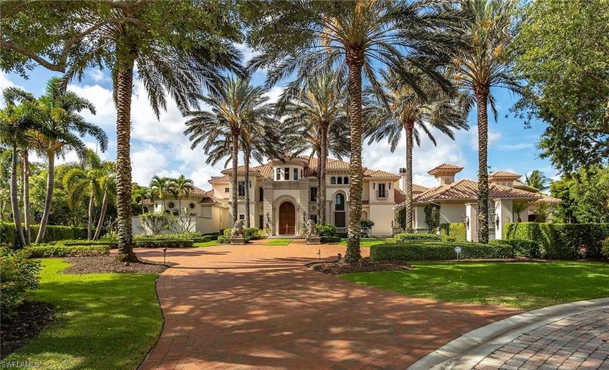 Located within prestigious Mediterra Golf & Country Club on a premium expansive lot sits a one-of-a-kind masterpiece.  Meet “Sienna”.  Siena’s old-world charm rivals any city in Europe.  This Tuscan inspired paradise is truly special.  From the intricate imported Italian frescos to the stone walls and wine cellars, there may not be a more authentic home like this in Naples.  Every detail was handpicked perfectly combining Renaissance elements with modern living amenities.  This home radiates a warm and welcoming ambiance.  This 16,000+ total sq ft home was built for entertaining and includes separate living area for guests, extended family, or staff to help you manage your home.  Some of its features include 3 covered balconies with expansive golf and lake views, multiple fireplaces, 2 wine cellars, elevator, media room, gourmet kitchen, 7 car a/c garage and sprawling outdoor covered entertaining areas adjoining a relaxing retreat next to your tropical pool and spa just to mention a few.  Luxury living here is at its finest both indoors and out!