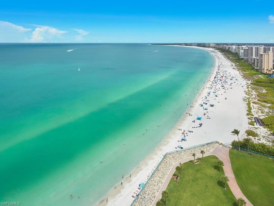 Enjoy phenomenal views of Marco Island's pristine crescent beach and the sparkling blue waters of the Gulf from this rarely available '04 Cozumel residence. This magnificent home boasts 4 bedrooms, 4 baths, 3 separate terraces, and many upgraded features throughout. The main living space features beautiful wood flooring, ample natural light, and stunning views. The kitchen is complete with center island, beautiful cabinetry, and access to both the main terrace and the master bedroom terrace. The dramatic floor to ceiling windows in the kitchen are the perfect place to take a seat, enjoy a cup of coffee or a cocktail, and relax while watching waves roll in and dolphins play. The master suite is a private retreat complete with large, private balcony. The ensuite bath features walk-in closets, dual sinks, walk-in shower, and access to the guest bedroom terrace. Guests will enjoy the 3 additional bedrooms , 2 featuring ensuite baths. With 3 terraces total, this beachfront home boasts ample outdoor living space. Enjoy the best view available on the beach and magnificent year-round sunrises and sunsets. The spacious beachfront terrace, off the main living area, provides the perfect place to entertain guests. Or, enjoy a quiet moment to yourself relaxing in the fresh salt air while feeling the gentle island breeze. Cape Marco and Cozumel offer many fine amenities including an elegant lobby, beachside social room, fitness center with amazing beach views, billiard room, card room, pool, spa, Har-Tru tennis courts, convenient beach access, guarded gate entry, and more. Enjoy the Cape Marco lifestyle, where luxury is a standard. Do not hesitate to make this coveted beachfront home your private island oasis.