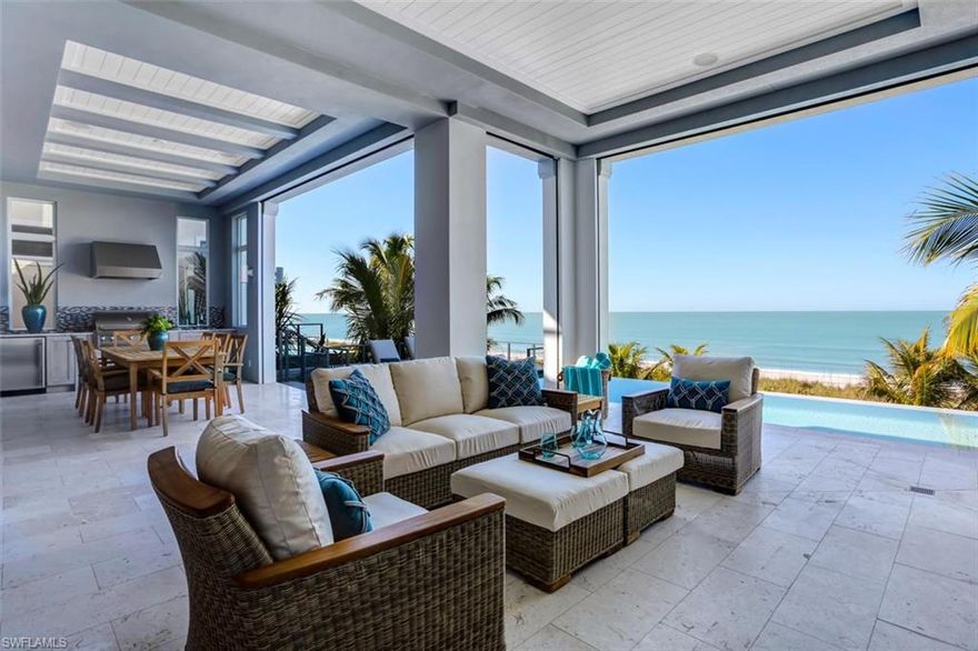 Brand new direct beachfront home by Windover Development just completed. This stunning 2017-constructed residence offers the Gulf of Mexico as your back yard. Impeccably-furnished/decorated by Freestyle Interiors in a coastal contemporary motif with all white oak floors & quartz, marble & granite countertops throughout. Delight in only the finest craftsmanship throughout from the concrete block construction & all hurricane impact doors/windows to the Crestron home automation system, electronic shade/hurricane shutter control, private elevator & huge garage for 4+ cars. Gourmet chef’s kitchen features all Thermador Professional appliances, generous eat-in island, walk-in pantry & wine bar with cooler, all focused around the panoramic ocean views. The main living space flows seamlessly via fully-pocketing sliders to the elevated entertainment deck with infinity edge pool & spa, summer kitchen with grill & and outdoor living space with mounted flat screen TV & fireplace. Master suite boasts generous His & Hers walk-in closets with California-style cabinetry, spa-like bath with freestanding tub & frameless shower & open-air balcony to enjoy the sound of the waves & year-round sunsets.