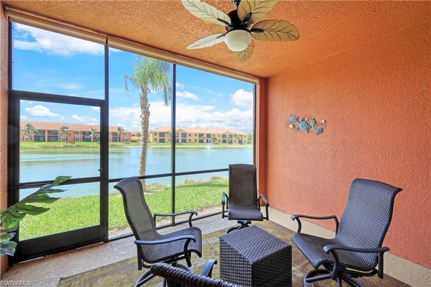 There’s something special about a home that instantly shifts your pace the moment you walk in—and this waterfront,  first-floor end unit does exactly that. From the moment you step inside, your eyes are drawn through the open, light-filled living space to the long, tranquil water views that become the backdrop of everyday life here.

Designed with both comfort and style in mind, the home features large-format tile, elegant crown molding, and thoughtfully crafted custom closets that bring both beauty and function together. Volume ceilings enhance the sense of space, while the end-unit positioning invites in extra natural light, creating a bright, airy feel throughout.

The layout offers flexibility with two spacious bedrooms plus a den—ideal for a home office, reading retreat, or overflow space for guests. Impact glass doors and windows not only provide peace of mind but also create a quiet, serene interior environment, allowing you to fully relax and unwind.

What truly sets this home apart is how it embraces Florida living from sunrise to sunset. Your front lanai, with its eastern exposure, becomes the perfect place to start your mornings with coffee and calm. By evening, the back lanai transforms into an inviting gathering space where you can host friends against a backdrop of glowing sunset skies reflecting across the water.

Practicality meets convenience with a one-car garage and an extended driveway that comfortably accommodates additional vehicles—something guests will appreciate. Just steps away, the community clubhouse and pool make it easy to enjoy the amenities without ever feeling far from home, all while benefiting from low HOA fees.

Tucked into a location that keeps you close to dining, shopping, and entertainment, this condo offers not just a place to live, but a lifestyle that feels easy, connected, and quietly elevated.