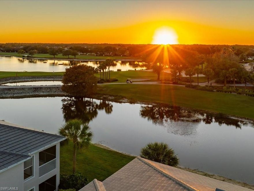 This spacious second floor END UNIT coach home is light, bright and move-in ready.  A dramatic two-story entry welcomes you into the largest floor plan in the neighborhood with over 2,000 sq. ft. under air.  Truly sensational panoramic lake and golf course views overlooking the 10th fairway with Western exposure for glorious sunsets.  There are $25,000 in recent improvements which include: new HVAC with 10-year warranty, luxury waterproof vinyl plank flooring, new stove and dishwasher as well as fresh interior paint from top to bottom.  There are two bedrooms, a den with French doors as well as a large 300+ sq. ft. bonus/flex room full of possibilities (family room, bonus room, game room, home theater, second primary suite, etc.)  The large, private primary suite has a large walk-closet as well sliders which lead to the 10 x 17 screened lanai.  Open, eat-in kitchen with breakfast bar, separate dining area, pantry, tile backsplash and recessed lighting.  Pet-friendly and attached one car garage.  The condo fee includes basic cable TV, internet, landscaping, irrigation, professional management, trash removal, amenities, insurance on the building, building maintenance and roofs (last replaced 2025.)  There’s a pool right across the street and owners also have use of the Heritage Greens clubhouse with fitness center, basketball/tennis/pickleball courts, community pool and playground. The golf course (Arrowhead) is pay as-you-play and features a pro shop, driving range, golf pro, clinics, leagues, private lessons as well as Pub.  Owner golf carts allowed.  Heritage Greens is a nice, gated community in a prime North Naples location close to everything:  Logan Landings, Founder’s Square, Seed To Table, North Collier Regional Park, schools, healthcare, I-75 and more.  Start living the fabulous Florida lifestyle you deserve today!
