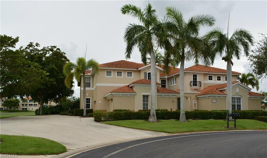 Spectacular Location!  This is the only first floor unit in Mariposa at the end of the Cul-de-sac with lots of space between neighbors, and super wide driveway.  Awesome view of the course and lake from your lanai where you can watch sunsets every night from your lanai.  Very light and bright with South, West and East exposure.  The interior is just as amazing with a great room design and recently updated kitchen with granite counter, glass backsplash, stainless appliances -  natural gas stove with grill insert, refrigerator, dishwasher, microwave all replaced in 2016, large kitchen pantry, granite in bathrooms, diagonal tile in all living areas/lanai; carpet in bedrooms; ceiling fans/fixtures throughout; Lanai has hurricane rated shade installed in 2017.  If you're looking for a special place to call home, this truly cannot be beat. 186 slip deep water Marina with slips available for lease or purchase.  Some amenities herein available but not offered. Living area sq. ft. per developer floor plan.
