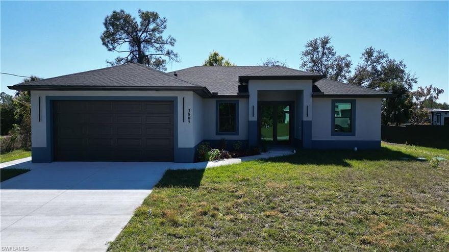 Brand-new construction offering 3 bedrooms plus a versatile den and 2 bathrooms, designed with modern features and quality finishes throughout. This home includes lanai, impact-resistant windows and doors with SBT 70 type interlayer glass, 9-foot interior ceilings, and 10-foot high soffits for an open and comfortable feel. Additional features include a complete gutter system, irrigation sprinkler system, surge protection, reverse osmosis water system, ceiling fans, and built-in laundry room cabinets. The property also comes equipped with a pre-installed camera and speaker network, stylish chandeliers, insulated garage, and modern A/C vent grills for enhanced comfort and efficiency. Conveniently located with easy access to Lee Blvd, Gunnery Road, and Buckingham Road, providing quick connections to shopping, schools, and major commuting routes. A move-in-ready home that combines modern design, quality construction, and an excellent location.