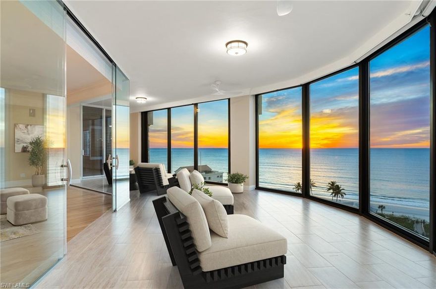 Ideally positioned on the 11th floor of the prestigious Seasons at Naples Cay, this three-bedroom plus den sky home showcases sweeping Gulf views and a spacious, residence-style layout. Step from your private elevator lobby into the expansive great room, where a dramatic wall of windows frames the coastline and 9+ ft ceilings combined with refined wood flooring create an inviting, airy ambiance ready for your personal design vision.  The gourmet kitchen exudes coastal sophistication with white quartz countertops, a light tile backsplash, custom cabinetry, natural gas range, and abundant storage, all seamlessly flowing into the dining area and beyond.  Designed for privacy, the split bedroom layout features a serene primary suite complete with dual walk-in closets, a generous spa-inspired bath, and unobstructed Gulf views. The separate guest wing includes two ensuite bedrooms and access to an eastern-facing terrace—perfect for sunrises.  Additional highlights include newly replaced windows, two parking spaces, and two extra storage units. Behind the secure gates of Naples Cay, The Seasons offers world-class amenities: a resort-style pool with outdoor cooking and bar, a state-of-the-art fitness center, 24-hour security, and more—delivering an exceptional coastal lifestyle.