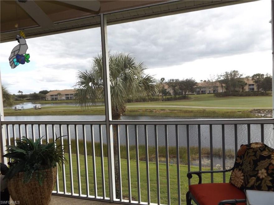 A Dogwood with “classic décor” in light elegant color scheme in Heritage Palms Golf & Country Club. The view is breath taking overlooking the signature 15th island hole of Royal golf course. The lanai opens up completely from the living room with pocket sliders. This condo is an open floorplan with vaulted ceilings, the kitchen and living room overlook this beautiful view. All window treatments high end plantation shutters. There are two lanais, one with southern exposure and one facing north. Seller is leaving this condo partially furnished. Master suite is spacious with large walk-in closet and linen closet. Master bath has shower and dual sinks. One car garage with room to store bikes, pool toys and grill. Washer updated in laundry closet with added storage shelves. Heritage Palms is a bundled golf and tennis community. We have 2 18-hole golf courses, active tennis community and brand new pro shop. Our main clubhouse expansion to be revealed in a few weeks and it is absolutely stunning! We also have a casual tiki bar/Lodge restaurant around a resort style pool.