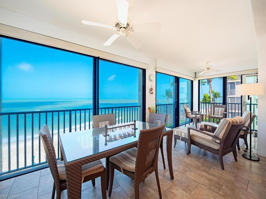 Soothing Surf & Sweeping views of the Gulf!  Lots of sun and sand from this spectacular beachfront end unit!  Well-designed, award winning floorplan offering spacious formal and casual living areas plus glassed and screened lanai with Nana doors and remote blinds.  Open island kitchen with exotic granite, Thermadore and Kitchenaid appliances including induction cooktop and free-standing icemaker. Foyer entry with marble floors, art niche and powder room with abalone insets.  Formal living and dining area with feature wall and beach view.  Spacious guest bedrooms offering en-suite bathrooms with beautiful accent tile, one with Eastern balcony.  Extensive lighting system throughout, TV's and audio equipment included.  Low-density building of 16 units, with new roof and freshly painted in 2025, new rooftop generator coming soon.  All assessments paid! Enjoy under building parking, extra storage, pool, exercise room, beachfront seating area and on-site manager.