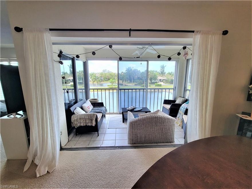 Stunning lake views from this spacious (1550 sq ft) unit. Location is superb, just a mile or so from 5th Ave S. This rarely available sun-filled 2 bedrooms, 2 bath unit, with no shared walls, allowing for windows on all sides. Modern open floor plan, kitchen, living room, dining room, and lanai, views from everywhere! Impact windows & new impact entry door unit. Dishwasher 2019, Washer machine 2020, disposal 2021. Two covered parking spaces and a large storage unit enhance the value, a rarity. Closet storage is unmatched. The community features include a heated and chilled swimming pool, tennis, pickleball and shuffleboard courts, and a Weber Gas Grill.