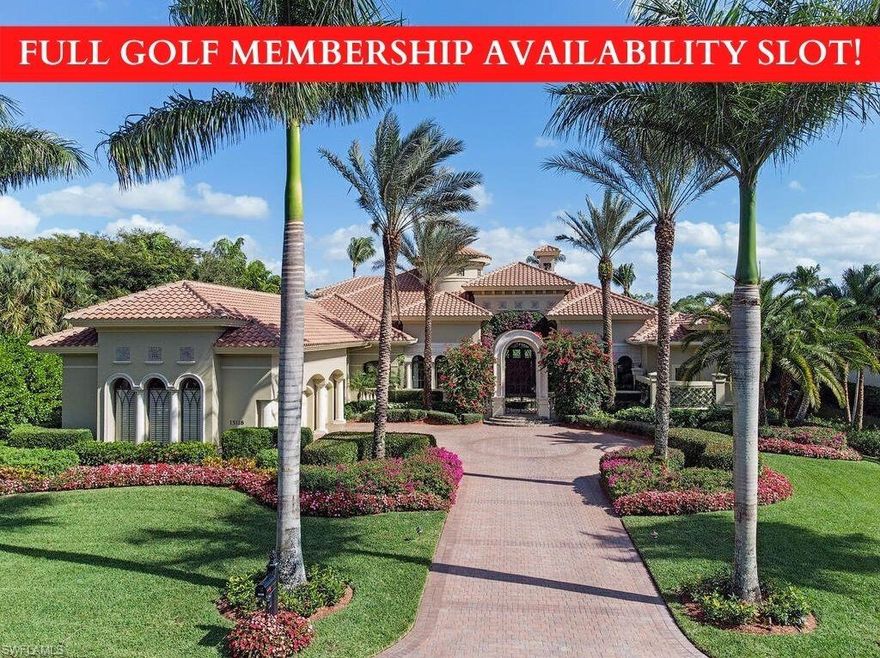 FULL GOLF MEMBERSHIP AVAILABILITY SLOT. This magnificent estate home features panoramic golf course views, custom stone & wood flooring, soaring ceilings, intricate columns & countless designer touches. The formal living room boasts coffered ceilings, wraparound windows, stunning fireplace & overlooks the pool. Serve cocktails from the first-floor wet bar, butler’s pantry & wine room. The gourmet kitchen features wood beam ceilings, state-of-the-art built-in appliances, center island with prep sink & abundant wood cabinetry. Handsome wood beam ceilings & built-ins punctuate the great room surrounded by abundant natural light flowing through 90 degree sliders. The master suite exudes elegance & luxury with a sitting area overlooking the golf course. An oversized soaking tub, walk in shower & separate his & her vanities complete the master bath. Ascend the spiral staircase to the second story loft to the fully equipped wet bar or soak in the views from the veranda. The first floor guest suites feature a private entrance for visitors. Outdoor living & entertaining opportunities are endless in the outdoor kitchen & bar by the saltwater pool with panoramic golf course views beyond.
