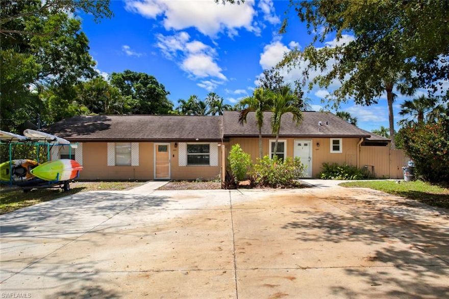 Perfect investment opportunity close to Barefoot Beach and the bars, restaurants and shopping that thrive there!   Enjoy direct Gulf access from your private dock at the end of a wide canal.  This  duplex has a total of 5 bedrooms and 4 bathrooms  in two units, well situated for AIRBnB or VRBO.  Live the beach life on one side while enjoying the proceeds of the other or rent both out to maximize your income.