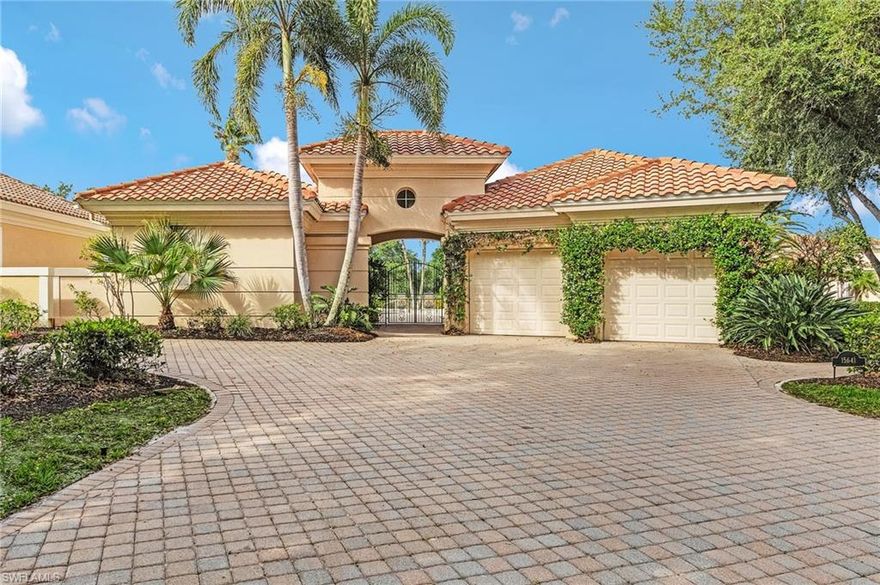 Welcome to 15641 Glenisle Way, a Mediterranean-inspired courtyard pool home in the prestigious St. Andrews enclave of Fiddlesticks Country Club, showcasing a classic Southwest Florida design with a southwest rear exposure for sun-drenched pool days and stunning sunsets. This turnkey-furnished gem features a central courtyard with a sparkling pool surrounded by travertine pavers, a screened porch off the back living room with French doors offering panoramic lake and golf course views along the #8 hole of the Long Mean course, a chef’s kitchen with warm wooden cabinetry, stainless appliances, a large island, pantry, and a sunny breakfast nook, plus a formal dining room with a tray ceiling and ornate chandelier. The bright family room boasts soaring tray ceilings, marble floors, and sliding doors opening to the pool, while the master suite features plush carpeting, a king bed, a sitting area, direct screened porch access, and a spa-like bathroom with dual vanities, a soaking tub, and a glass shower. The guest bedroom, currently used as a bonus room with hardwood floors and a desk, includes an ensuite/pool bathroom with a glass shower, and the detached casita—offering a king bed, a kitchenette with microwave and coffee maker, and an ensuite with dual vanities—serves as a guest suite or office. A well-organized laundry room with white cabinetry connects to the garage, and Mediterranean charm shines with a terracotta roof, stucco exterior, and arched doorways, all just steps from the clubhouse. Fiddlesticks offers two golf courses (Long Mean at 7,077 yards and Loch Ness at 6,645 yards), a resort-style pool with cabana dining, tennis, pickleball, bocce, a 7,000 square-foot fitness center, and a vibrant social scene with dining and family events, all minutes from Gulf beaches and downtown Fort Myers—perfect for a luxurious, leisurely lifestyle in Southwest Florida’s hidden gem.