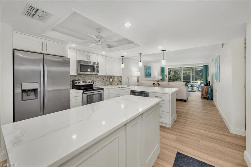 Available seasonal rental retreat in the prestigious Bay Forest community of Naples, FL– a gated community West of 41 and close to Naples beaches, shops, restaurants and Mercato. This gorgeous and newly updated 2-bed/2-bath first-floor condo offers new luxury vinyl flooring throughout the living area, new kitchen, new living room furniture, and new carpet in the bedrooms. The open-concept layout seamlessly connects the living, dining, and kitchen areas, creating a perfect space for both relaxation and entertaining. The spacious master suite offers a king sized bed and serene view. The screened-in lanai allows you to comfortably enjoy the Florida sunshine, savor your morning coffee, or unwind with a book in the evening. Available for seasonal rental from December to March 2027, this condo provides a perfect Naples escape.