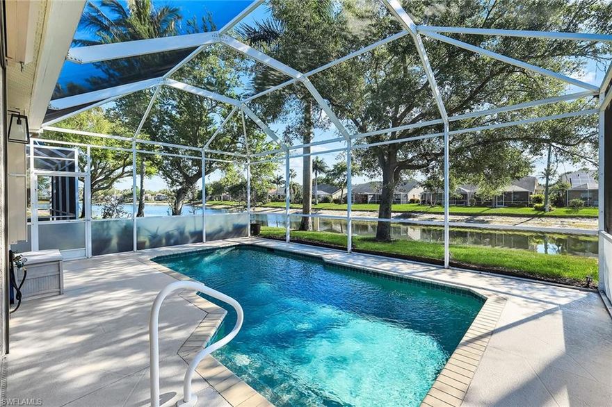 Positioned along a freshwater lake, the screened pool terrace becomes the defining feature of this residence, offering open water views and a setting designed for daily living and entertaining. Welcome to 8616 Ibis Cove Circle, a single-family residence in the gated community of Ibis Cove in Naples. Offering three bedrooms, two baths and 1,597 square feet, the home features a great room floor plan that seamlessly connects interior living areas to the outdoor environment. The well-appointed kitchen is finished with quartz countertops and is centrally located to serve the main living and dining spaces. The primary suite is oriented toward the lake and includes a walk-in closet and water views. Two additional bedrooms provide flexibility for guests or workspace. Recent improvements include a roof and gutters completed in 2023, an air-conditioning system installed in 2023 and Storm Smart shutters added in 2021. Additional enhancements include whole-home surge protection, updated interior lighting and fans, pool cage rescreen, outdoor lighting, a hardwired Tesla charger, garage storage racking and a security system with exterior cameras. Ibis Cove offers a gated entry and a range of resident amenities, including a clubhouse of approximately 5,000 square feet, heated Olympic-size pool and spa, fitness center, tennis courts, playground, billiards and card rooms, library and community gathering spaces. The community includes more than 19 acres of lakes with fountains and maintains low homeowners' association fees. Near Gulf Coast High School and zoned for Laurel Oak Elementary and Oakridge Middle School, the property offers convenient access to local schools and daily amenities.
