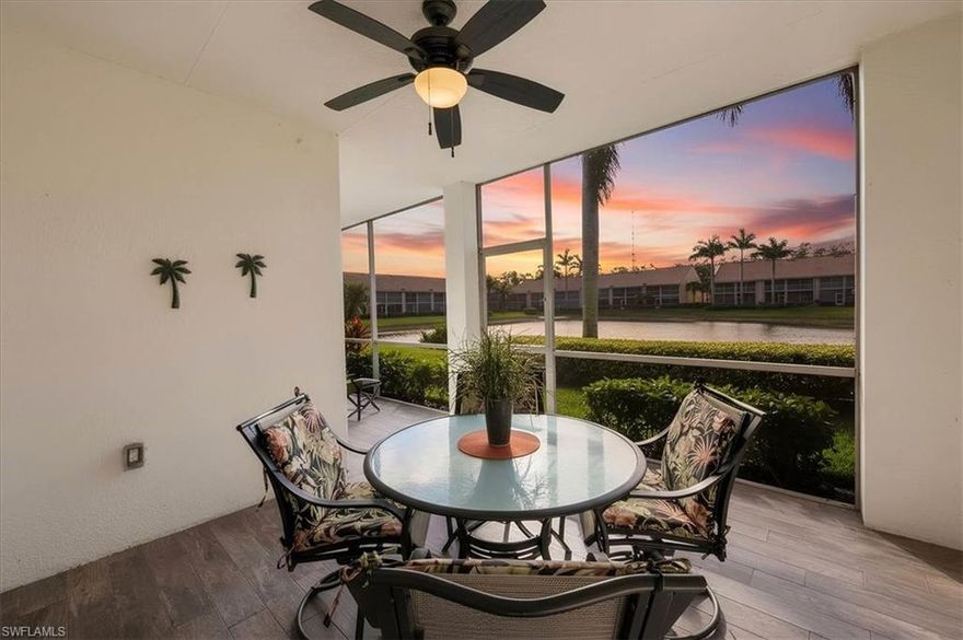 Bright first-floor end unit with desirable southern rear exposure, tranquil water views, and your own private garage and driveway.  Offering abundant natural light and easy living, this home is being sold turnkey furnished and styled with a relaxed tropical island-inspired feel - well suited for full time residents, seasonal use, or rental opportunities.

Step inside and you will immediately feel at ease!  You will be greeted with a sun drenched foyer and direct water views.  The open floor plan provides great views and light from anywhere in the home.  Hosting is a breeze with a breakfast nook, eat in kitchen/bar, and a dedicated dining space.  Three panel sliders in the living room provide seamless indoor outdoor living.  Waterfront lanai features upgraded porcelain wood look tile flooring, and is pre wired and plumbed for an outdoor kitchen.  The primary suite features walkout sliders with direct lanai access, water views, tray ceiling, and a spa inspired bathroom with dual underlit vanity, a large walk in closet, plus a linen closet.  This home also comes with a detached private garage and driveway, providing ample parking for two vehicles and plenty of room left for beach equipment or storage.

Conveniently located near downtown Naples in the amenity-rich Falling Waters community, residents enjoy a massive resort-style saltwater pool, Har-Tru tennis courts, bocce ball, shuffleboard, putting green, and an active social calendar.