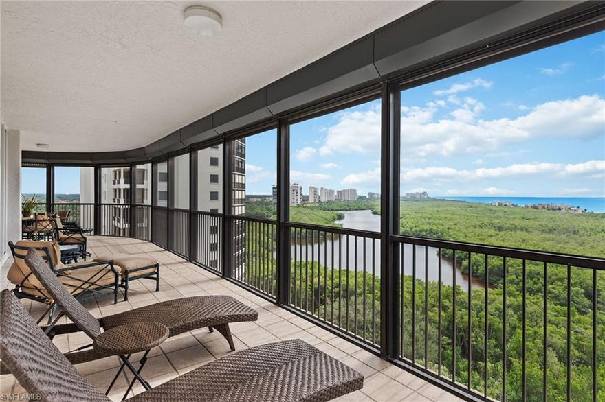 Gorgeous Gulf and sunset sky views. This spacious three-bedroom plus den, three-bath end unit features a large wraparound screened-in lanai with hurricane shutter protection and is deep enough for outdoor dining. This highly sought-after southern and western exposure design welcomes you into a private elevator entry foyer and spacious living area, boasting elegant dark wood flooring, built-in shelving, moldings, lighting and trim and a separate dining area. The open kitchen and breakfast area offer plenty of room for entertaining family and guests, including two full guest bedrooms, both with en-suite baths. A cabana on the main amenity deck is included with this purchase. The Salerno has recently completed an update to the pool area and surrounds. Bay Colony residents enjoy the use of their own private renovated beach club and restaurant, a tennis club, as well as the use of the amenities of Pelican Bay. Private golf memberships are available separately.